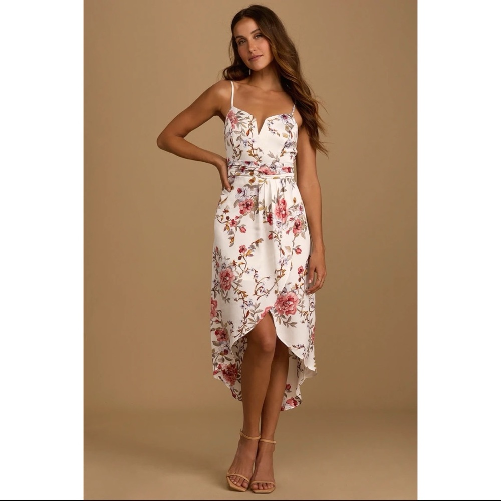 Lulus My Favorite Day Ivory Floral Print Tulip Skirt Midi Dress Small Large